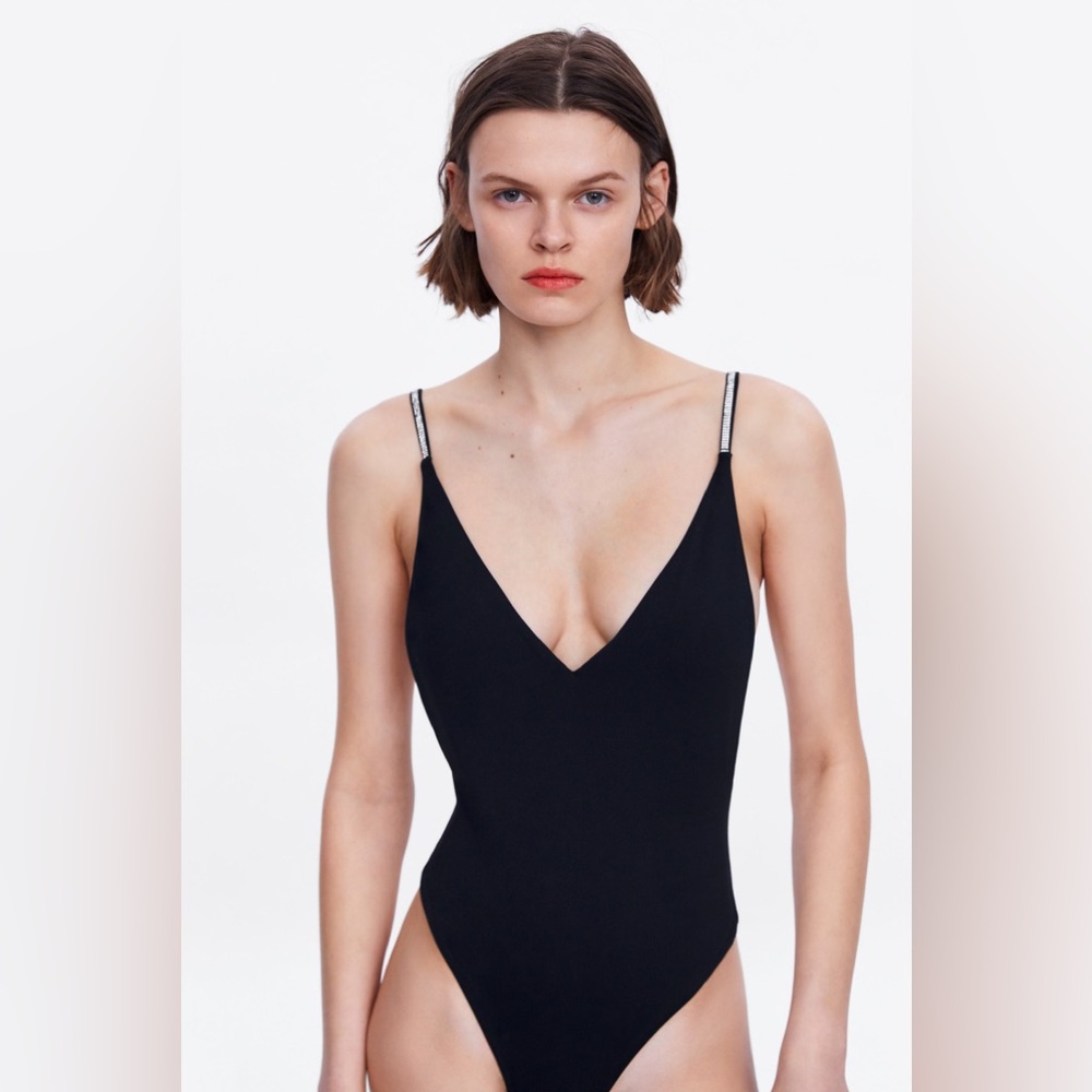 Zara Black Satin Deep Scoop Open Back Rhinestone Straps Swimsuit